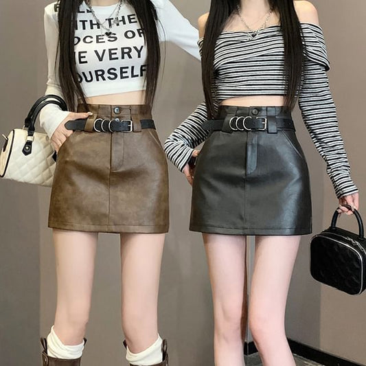 High Waist Faux Leather Mini A-Line Skirt SpreePicky