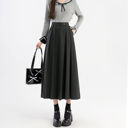 High Rise Plain Pleated Midi A-Line Skirt SpreePicky