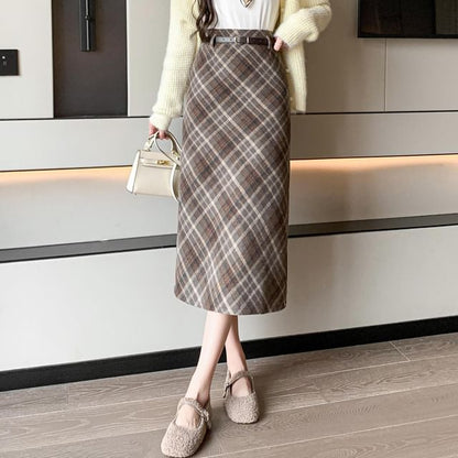 High Waist Plaid Midi A-Line Skirt SpreePicky