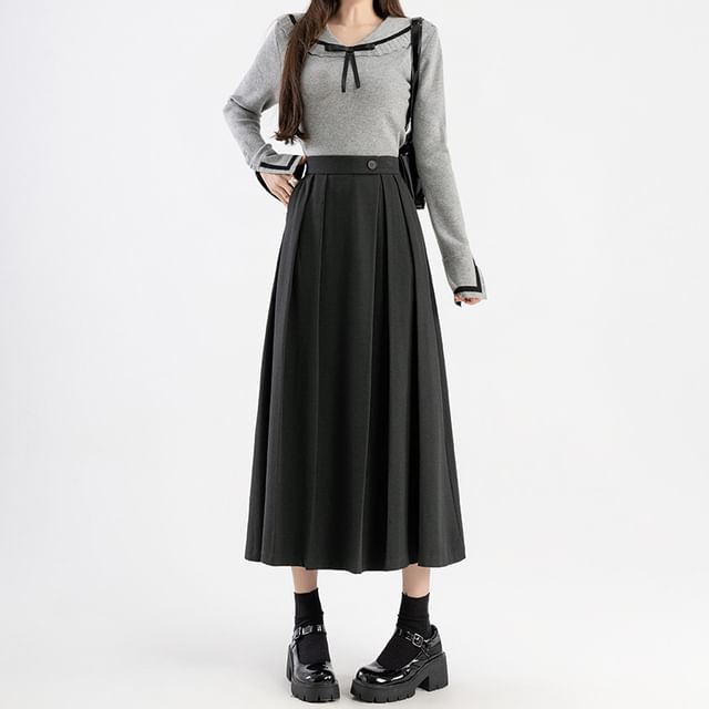 High Rise Plain Pleated Midi A-Line Skirt SpreePicky