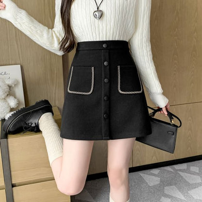 High Waist Embroidered Button Mini A-Line Skirt SpreePicky