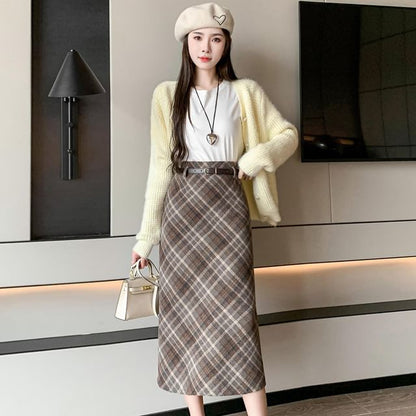 High Waist Plaid Midi A-Line Skirt SpreePicky