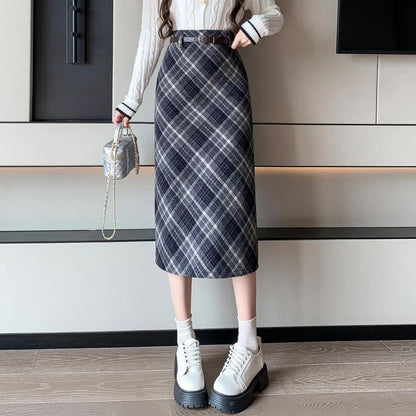 High Waist Plaid Midi A-Line Skirt SpreePicky