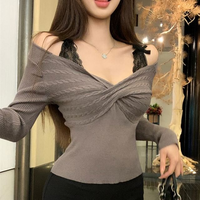 Long-Sleeve V-Neck Cold Shoulder Mock Two-Piece Lace Panel Bow Accent Crop Top SpreePicky