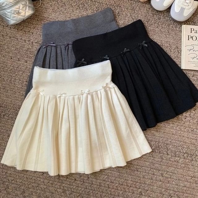 High Rise Plain Bow Accent Pleated Knit Mini A-Line Skirt SpreePicky