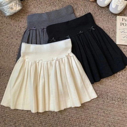 High Rise Plain Bow Accent Pleated Knit Mini A-Line Skirt SpreePicky