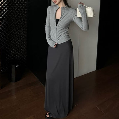 Stand Collar Plain Slim Fit Zip-Up Jacket / High Waist Maxi A-Line Skirt SpreePicky