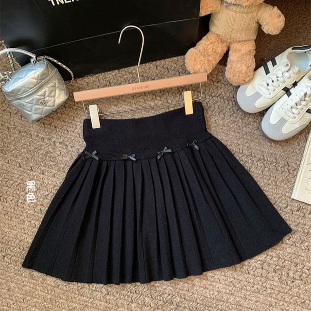 High Rise Plain Bow Accent Pleated Knit Mini A-Line Skirt SpreePicky