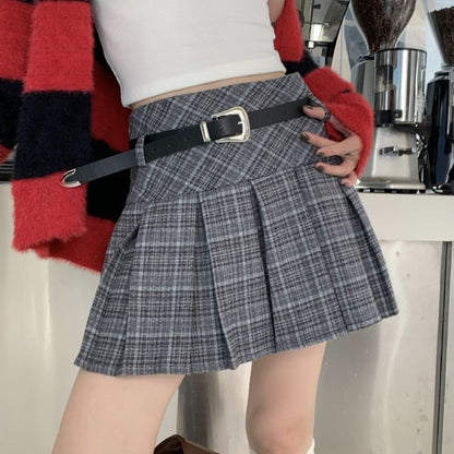 High Waist Plaid Pleated Mini A-Line Skirt SpreePicky