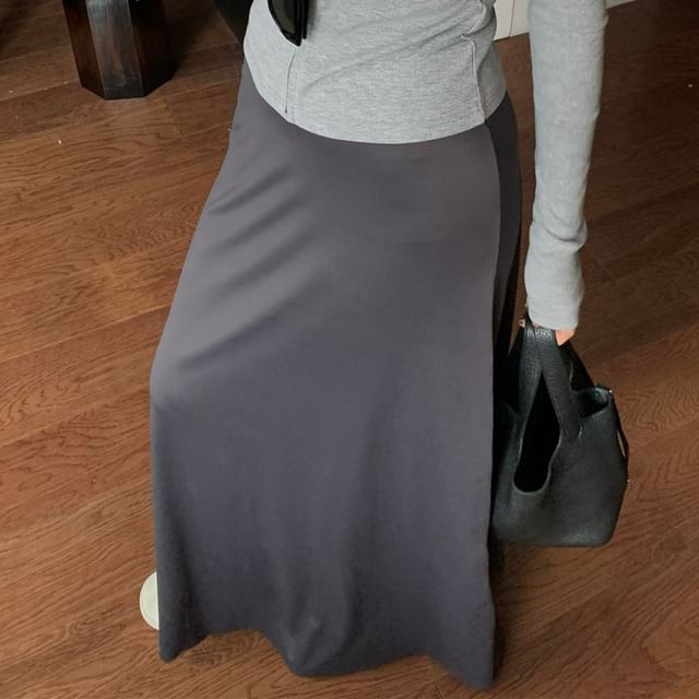 Stand Collar Plain Slim Fit Zip-Up Jacket / High Waist Maxi A-Line Skirt SpreePicky