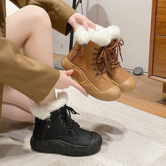 Fluffy Trim Plain Lace-Up Short Boots SpreePicky