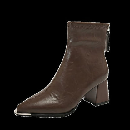 Chunky Heel Plain Pointy Short Boots SpreePicky