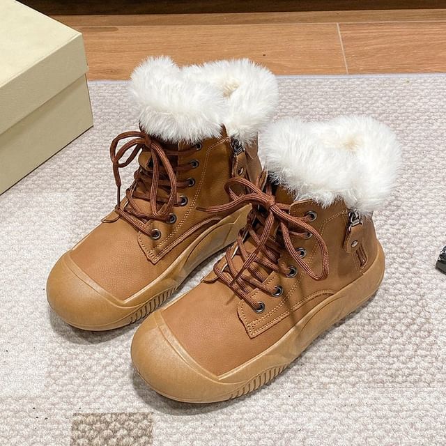 Fluffy Trim Plain Lace-Up Short Boots SpreePicky