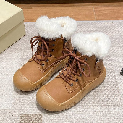 Fluffy Trim Plain Lace-Up Short Boots SpreePicky