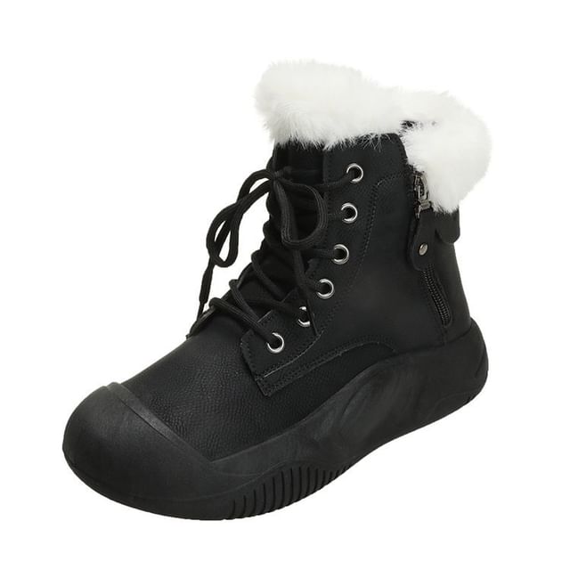 Fluffy Trim Plain Lace-Up Short Boots SpreePicky