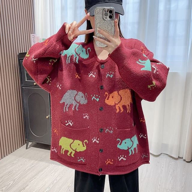 Round Neck Elephant Jacquard Cardigan SpreePicky