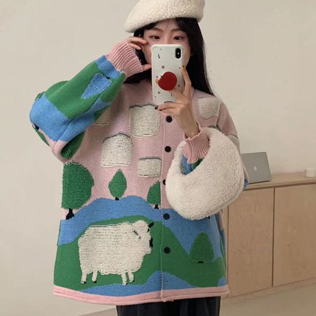 Round Neck Sheep Jacquard Cardigan mySite