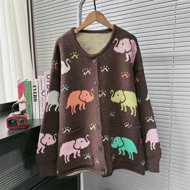 Round Neck Elephant Jacquard Cardigan SpreePicky