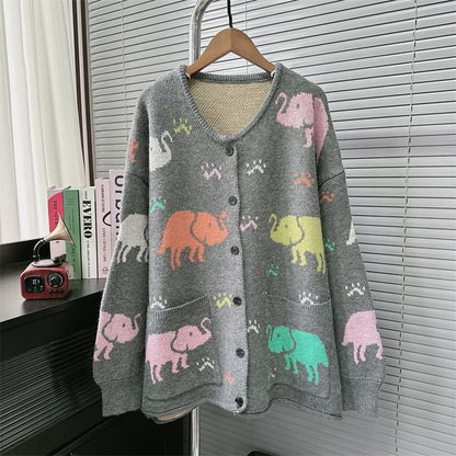 Round Neck Elephant Jacquard Cardigan SpreePicky