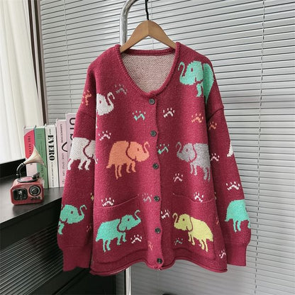 Round Neck Elephant Jacquard Cardigan SpreePicky