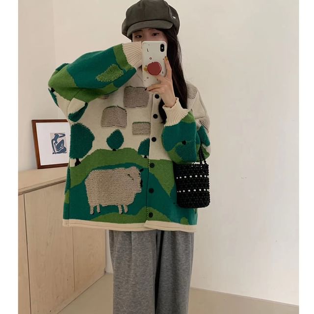 Round Neck Sheep Jacquard Cardigan mySite