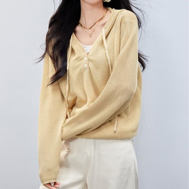 Two V-Neck Knit Tone Mock Two-Piece Hoodie FashionChic