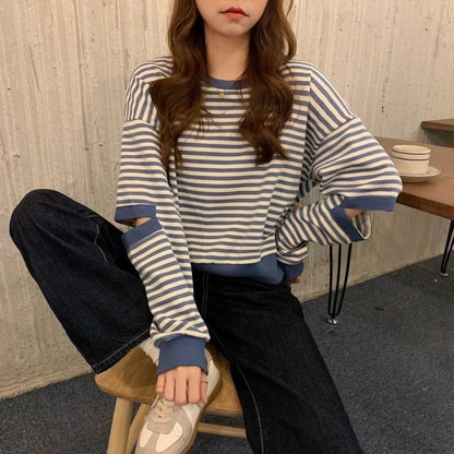 Crewneck Striped Cutout Pullover SpreePicky