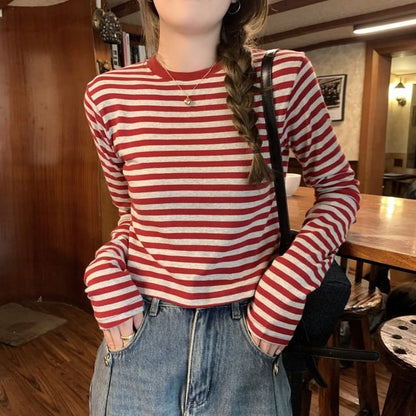 Long-Sleeve Crewneck Striped Tee SpreePicky