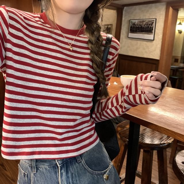 Long-Sleeve Crewneck Striped Tee SpreePicky