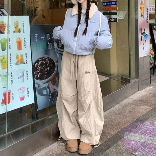 Fluffy Collar Zip Puffer Jacket / Drawstring Waist Plain Wide Leg Parachute Pants SpreePicky