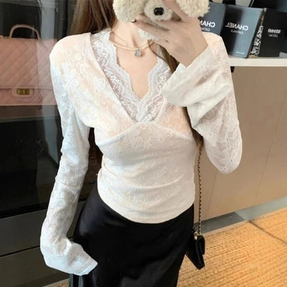 Long Sleeve V-Neck Plain Panel Lace Top SpreePicky