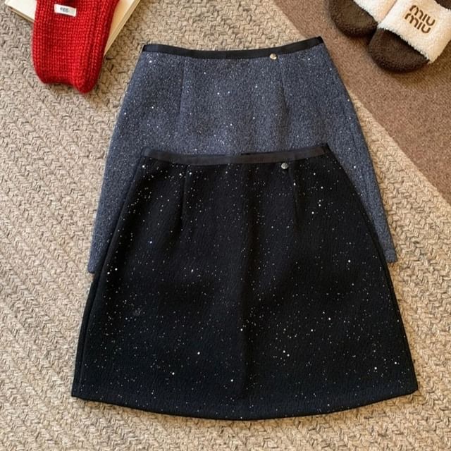 High Rise Plain Glitter Mini A-Line Skirt SpreePicky