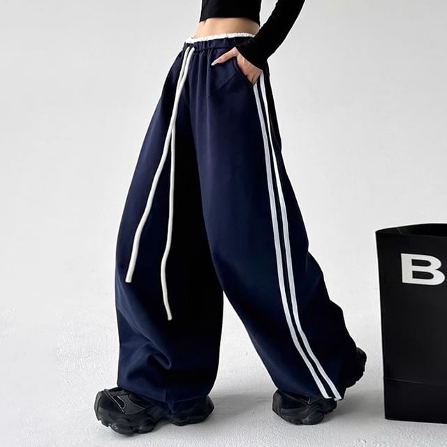 Low Waist Ruffled-Trim Striped Loose-Fit Wide-Leg Sweatpants SpreePicky