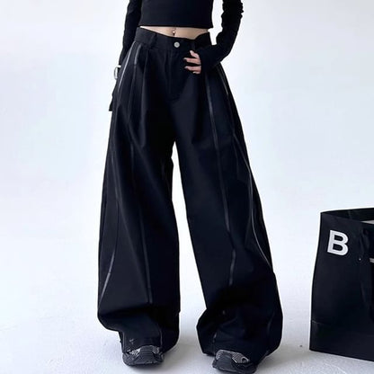 Low Rise Faux Leather Paneled Loose-Fit Wide-Leg Pants SpreePicky