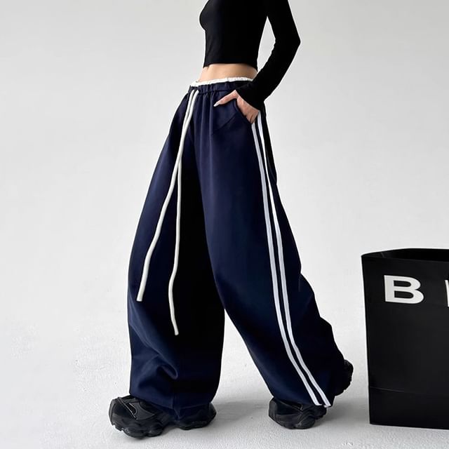 Low Waist Ruffled-Trim Striped Loose-Fit Wide-Leg Sweatpants SpreePicky