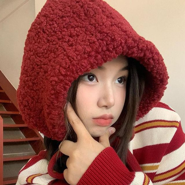 / Cable Tie-Up Fleece Plain Knit Beanie Hat FashionChic