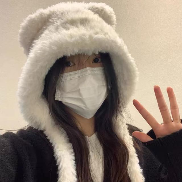 / Ear Ribbed Fluffy Hat Plain Bear Beanie FashionChic