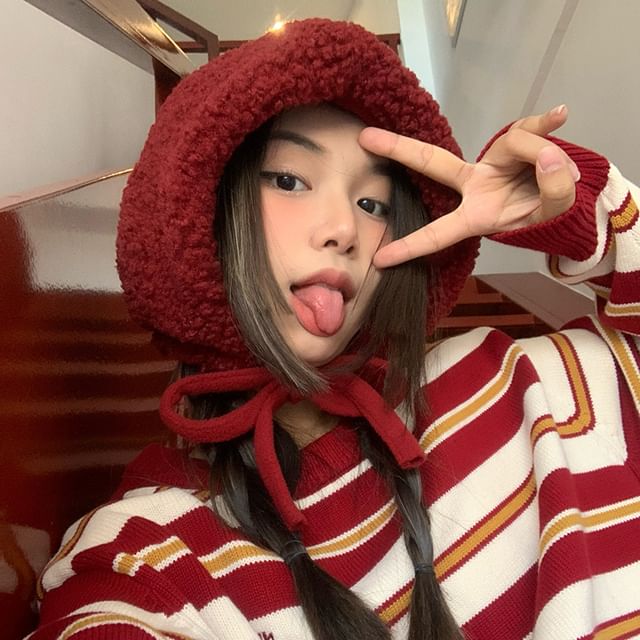 / Cable Tie-Up Fleece Plain Knit Beanie Hat FashionChic