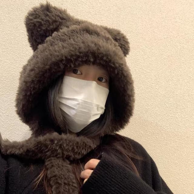 / Ear Ribbed Fluffy Hat Plain Bear Beanie FashionChic