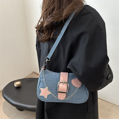 Applique Chained Buckled Denim Crossbody Bag SpreePicky