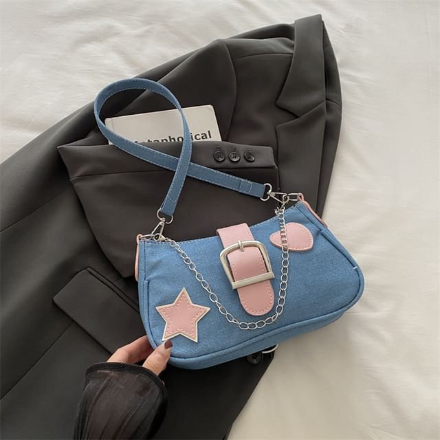 Applique Chained Buckled Denim Crossbody Bag SpreePicky