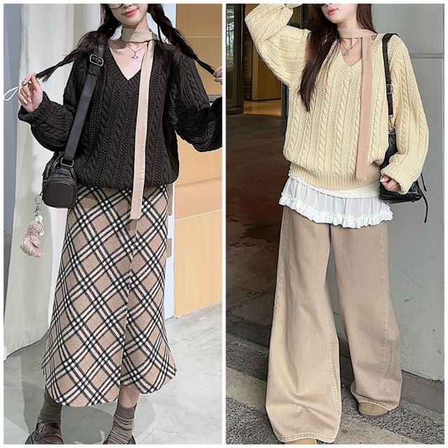 V-Neck Plain Cable Knit Sweater / Pants SpreePicky