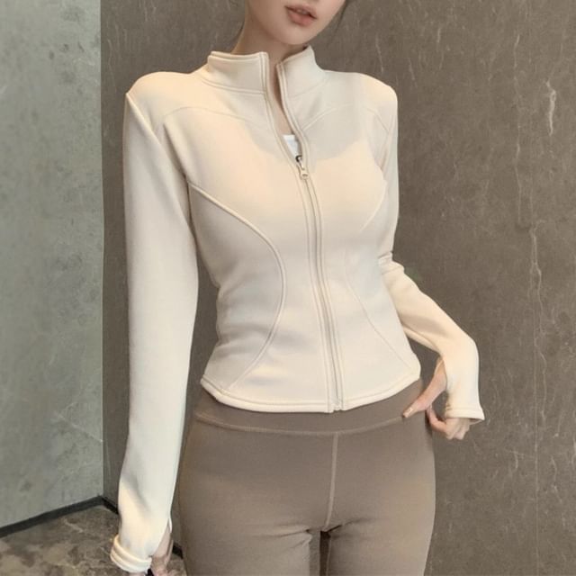 Stand Collar Plain Zip-Up Crop Jacket SpreePicky