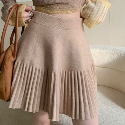 High Waist Plain Pleated Knit Mini A-Line Skirt SpreePicky