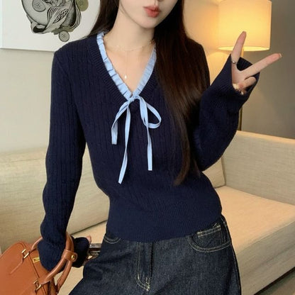 Long-Sleeve V-Neck Bow Accent Contrast Frill Trim Knit Top SpreePicky