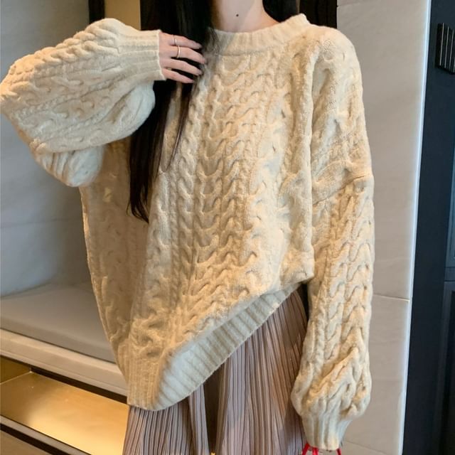 Round Neck Plain Cable Knit Sweater / High Rise Mini A-Line Skirt SpreePicky