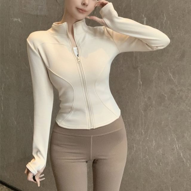 Stand Collar Plain Zip-Up Crop Jacket SpreePicky