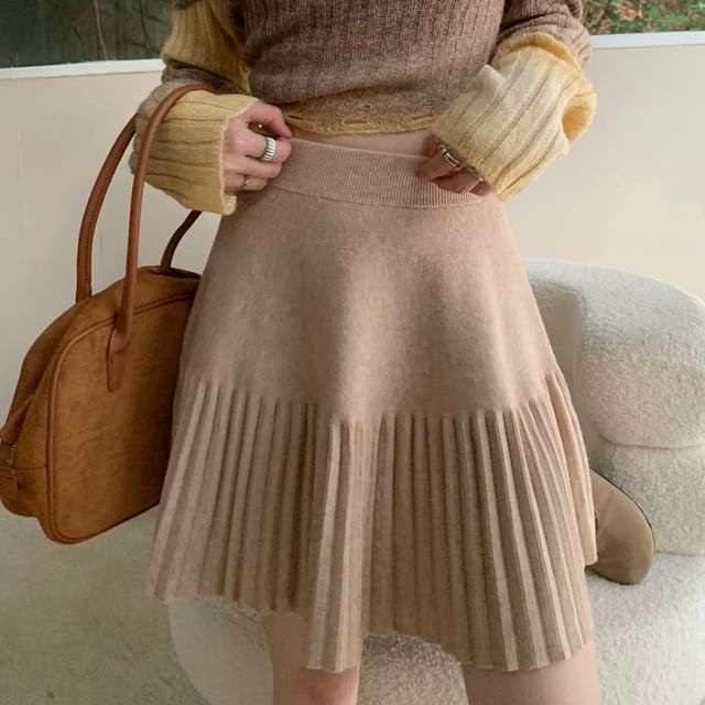 High Waist Plain Pleated Knit Mini A-Line Skirt SpreePicky