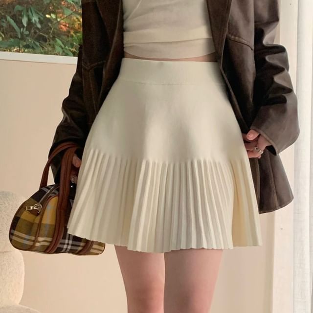 High Waist Plain Pleated Knit Mini A-Line Skirt SpreePicky