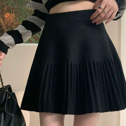 High Waist Plain Pleated Knit Mini A-Line Skirt SpreePicky